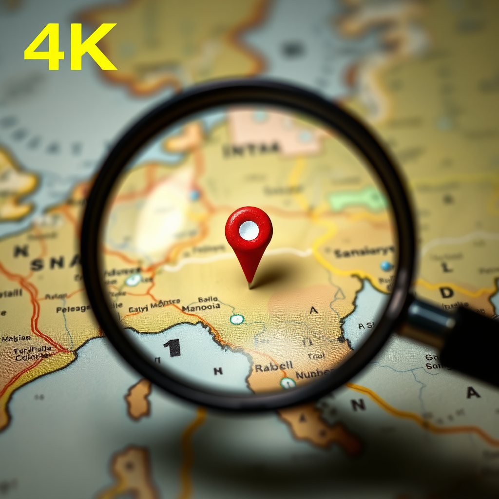 A magnifying glass focusing on a pin on a map, highlighting local SEO. Bright, clear image, detailed map texture. 4K.