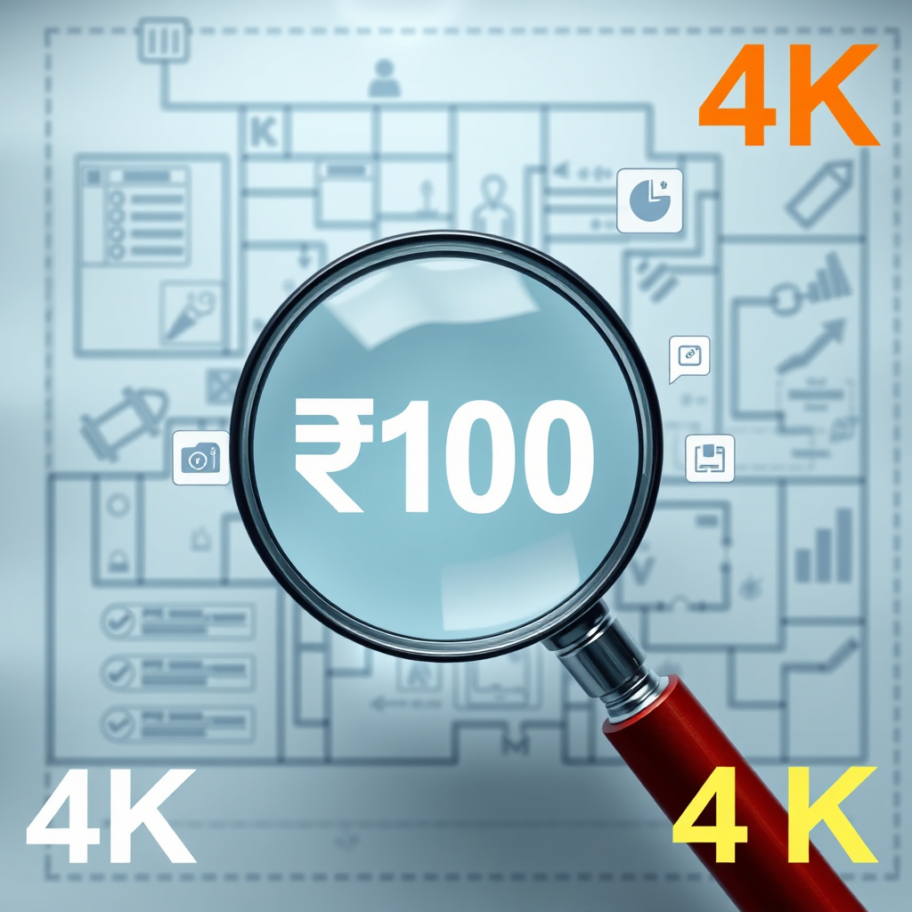 A magnifying glass focusing on the '₹100' symbol, with smaller icons representing different editing tools surrounding it. The background is a blueprint design, suggesting customization. 4K resolution.