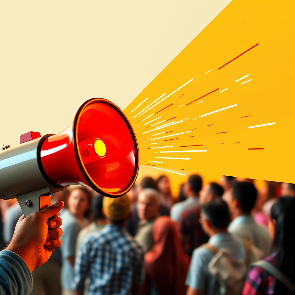 A megaphone projecting a clear and loud message, with sound waves reaching diverse groups of people. The scene is vibrant and positive. 4K resolution.