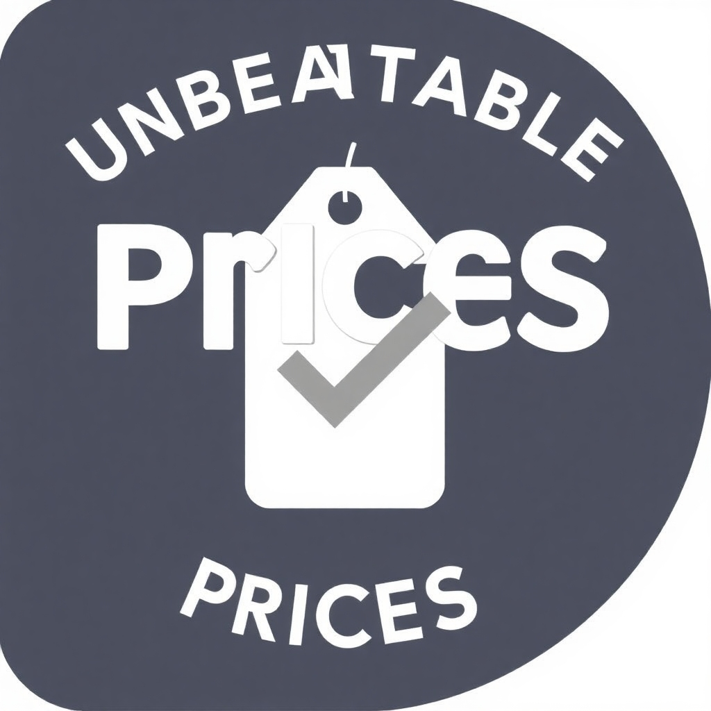 A modern, graphic representation of unbeatable prices, perhaps with a price tag and a large checkmark or a visual metaphor of value.