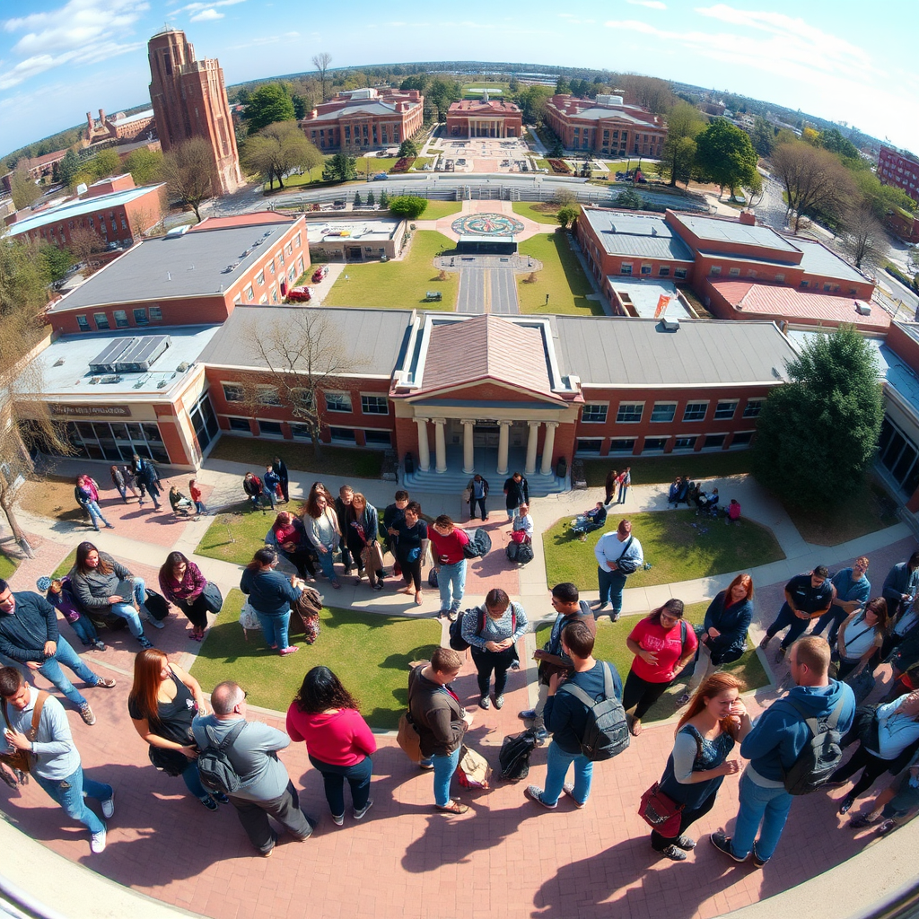 A panoramic view of a university campus with students from various departments interacting. The setting is a vibrant and intellectually stimulating environment. The focus is on the diversity and opportunities available to students. Natural lighting, wide shot, 4K resolution.