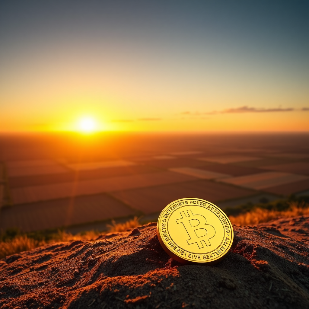 A panoramic view of a vast, fertile landscape divided into plotted sections, with a golden horizon representing prosperity. In the foreground, a single, perfectly formed gold coin rests on the land. The lighting is warm and inviting. Style: Landscape photography with a touch of aspirational imagery. Technical specs: 4K resolution, high-quality rendering.