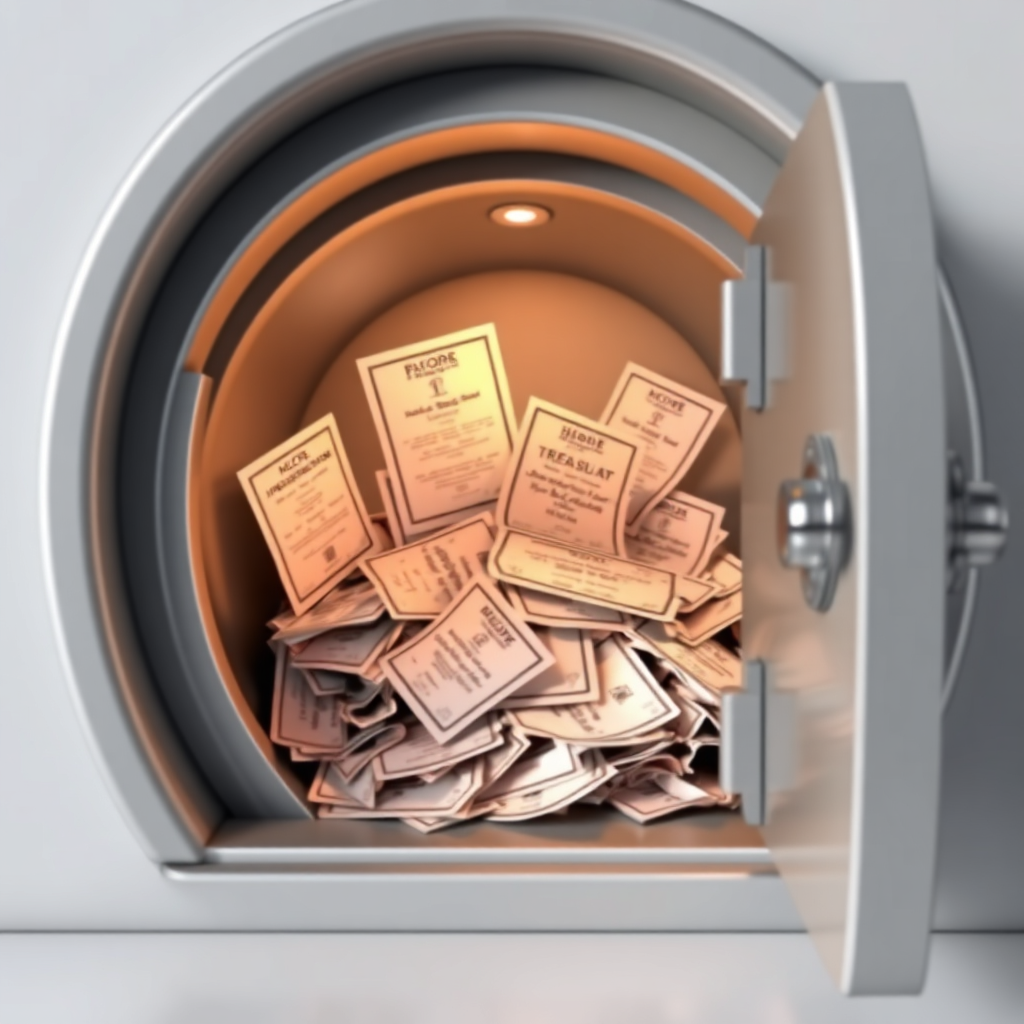 A partially opened vault door revealing a gleaming treasure of property deeds, symbolizing exclusivity and valuable opportunities. 4K, stylized.