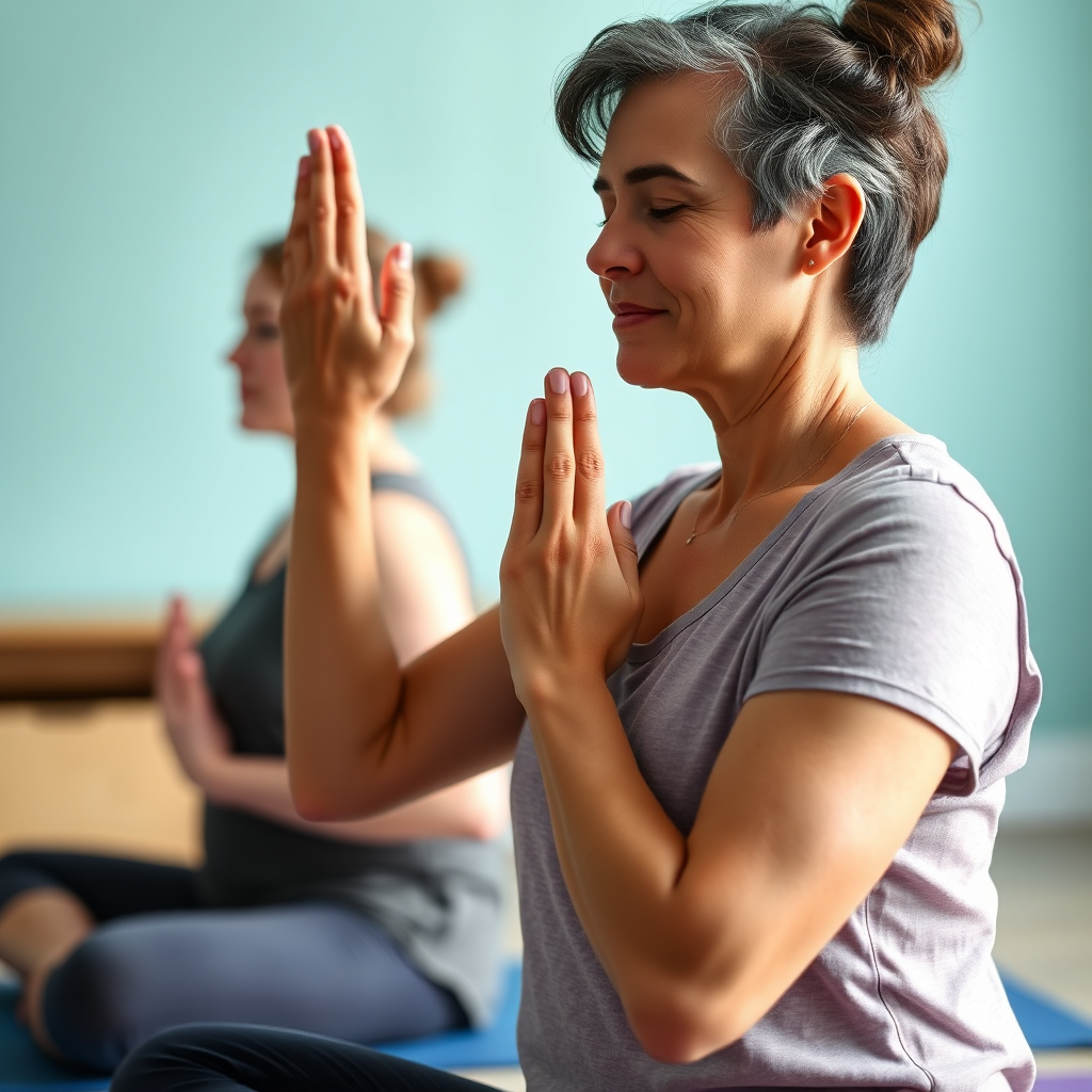 A patient participating in a yoga or mindfulness exercise as part of their physiotherapy program, promoting holistic well-being. Focus on the mind-body connection and relaxation. Lighting should be peaceful and calming. Color palette: Serene blues and greens. Camera angle: Medium shot, showing the exercise in practice. Style: Holistic health imagery. Technical Specs: 4K, High-quality.