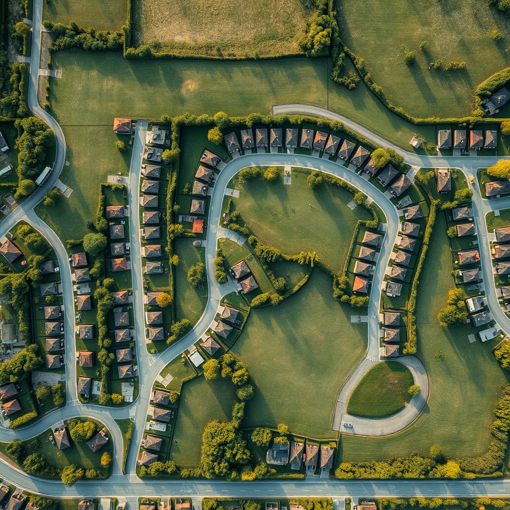 A photorealistic aerial view of multiple plots laid out in a well-organized development. Focus is on the clarity of boundaries and green spaces. The lighting is soft and natural, emphasizing the planning and potential of the area.