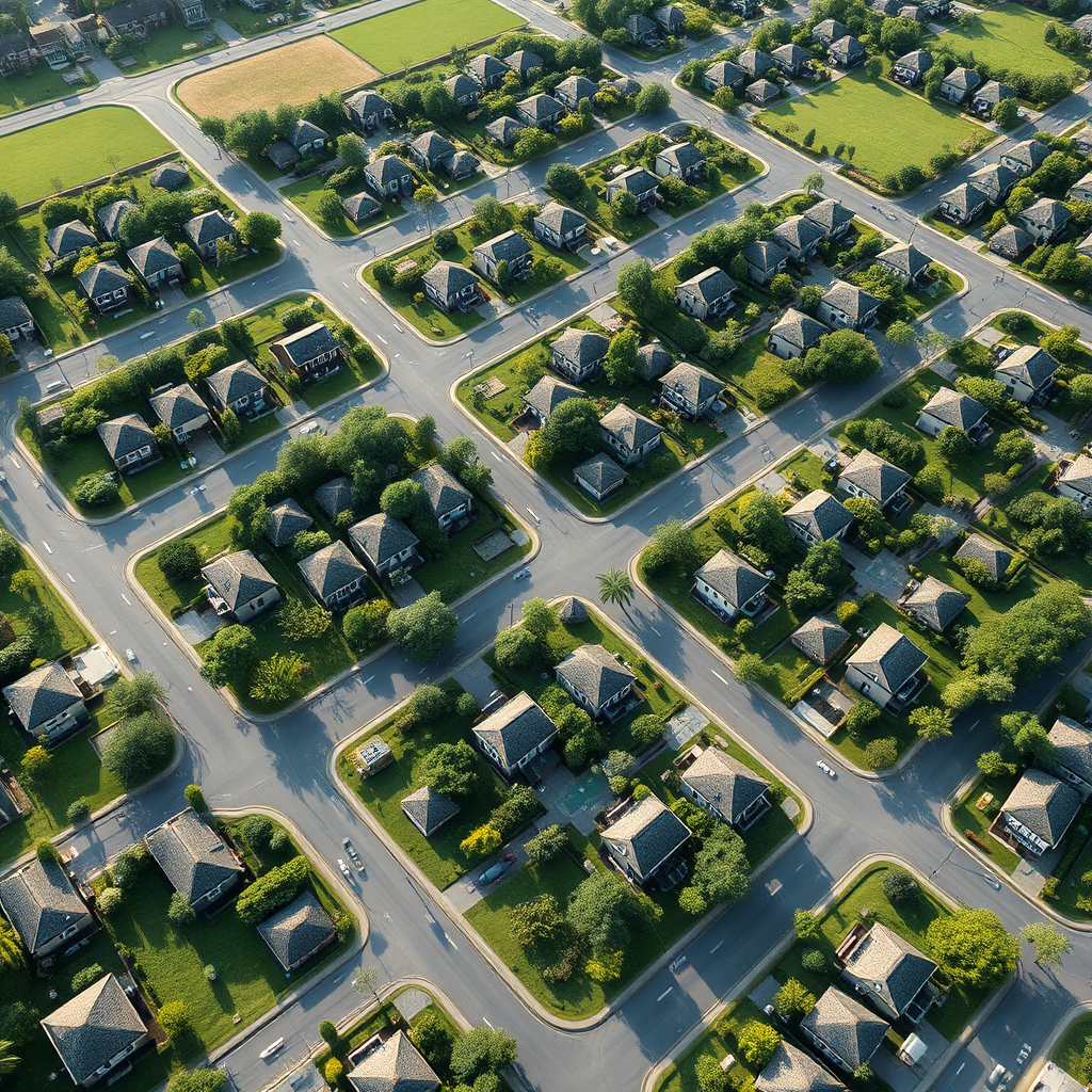 A photorealistic aerial view of carefully planned real estate plots with lush green landscaping, demonstrating careful planning and growth potential. The image should exude a sense of order and prosperity. Technical specs: 4k resolution, clear and sharp details.