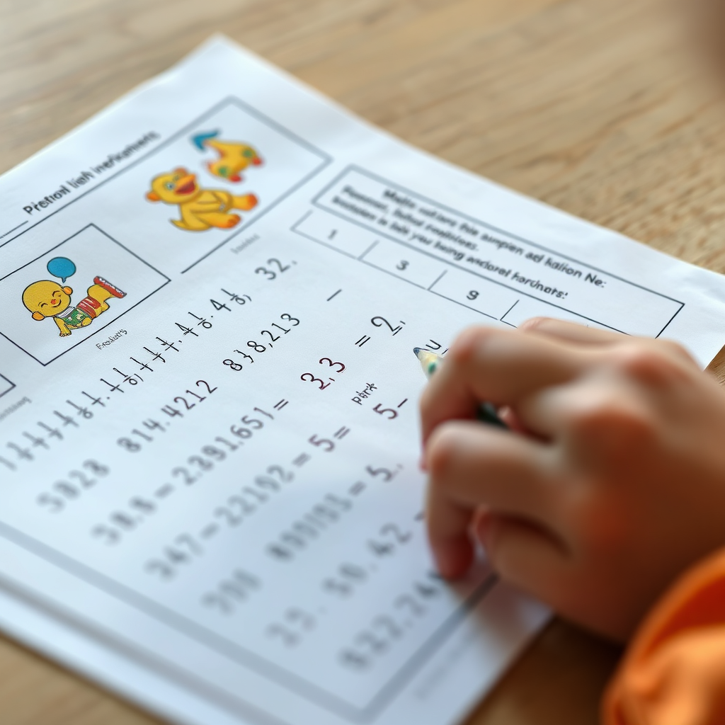 A photorealistic close-up of a child's hands working on a worksheet. The worksheet features math problems and colorful illustrations. The child is using a pencil to write the answers. Soft, natural lighting. Focus is on the child's hands and the worksheet. The image conveys a sense of focused learning and accomplishment.
