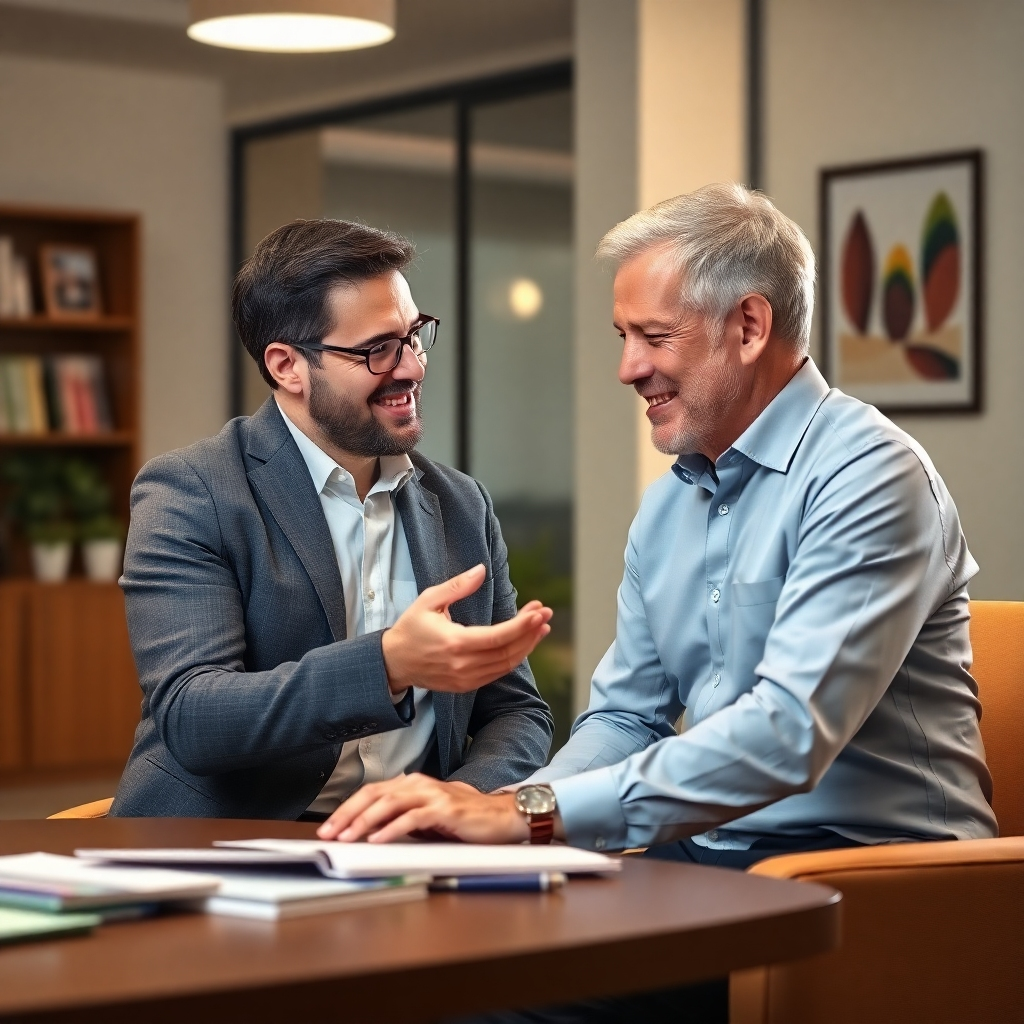 A photorealistic image depicting a friendly property advisor guiding a client through the process of selecting a land plot. The scene is set in a welcoming office setting. Lighting should be warm and inviting. Color palette should consist of neutral colors with pops of Land Power's brand colors. The image should evoke a sense of trust and expertise.