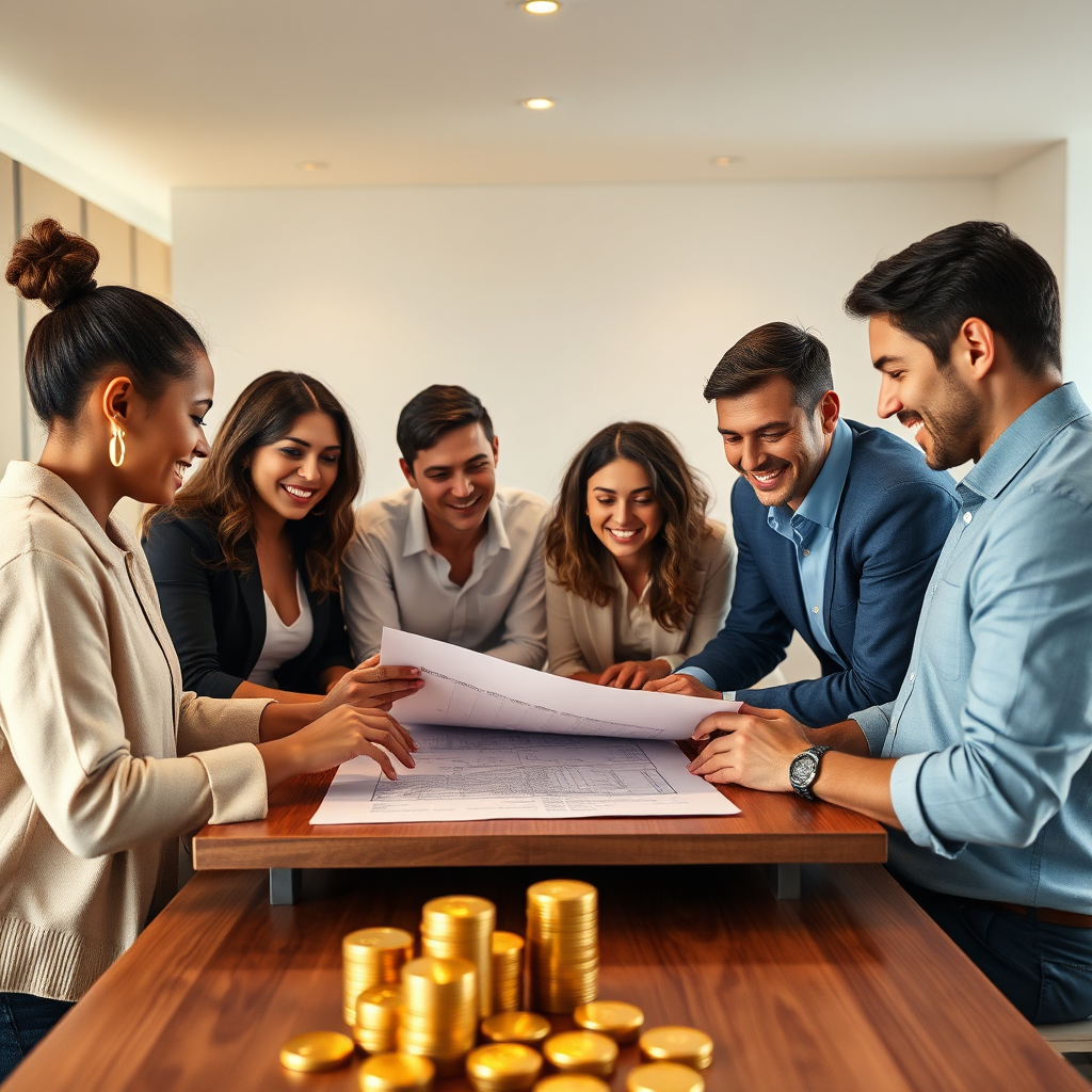A photorealistic image depicting a diverse group of people gathered around a table, reviewing blueprints and gold coins, illuminated by soft, warm lighting. The setting is a modern, well-lit office space. The atmosphere is collaborative and optimistic, with subtle cues suggesting financial growth and stability. The composition should emphasize trust and shared success. Style: Corporate photography with a touch of aspirational lifestyle imagery. Technical specs: 4K resolution, high-quality rendering, professional lighting.