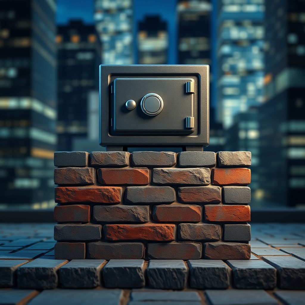 A photorealistic image depicting a strong, sturdy foundation made of bricks and mortar. A safe is placed on top of the foundation, symbolizing financial security and stability. The background is a blurred image of a cityscape at night. The color palette is predominantly blue and gray, symbolizing strength and reliability. Style: Realistic with a focus on structural integrity. Technical specs: 4K resolution, high quality detailing.
