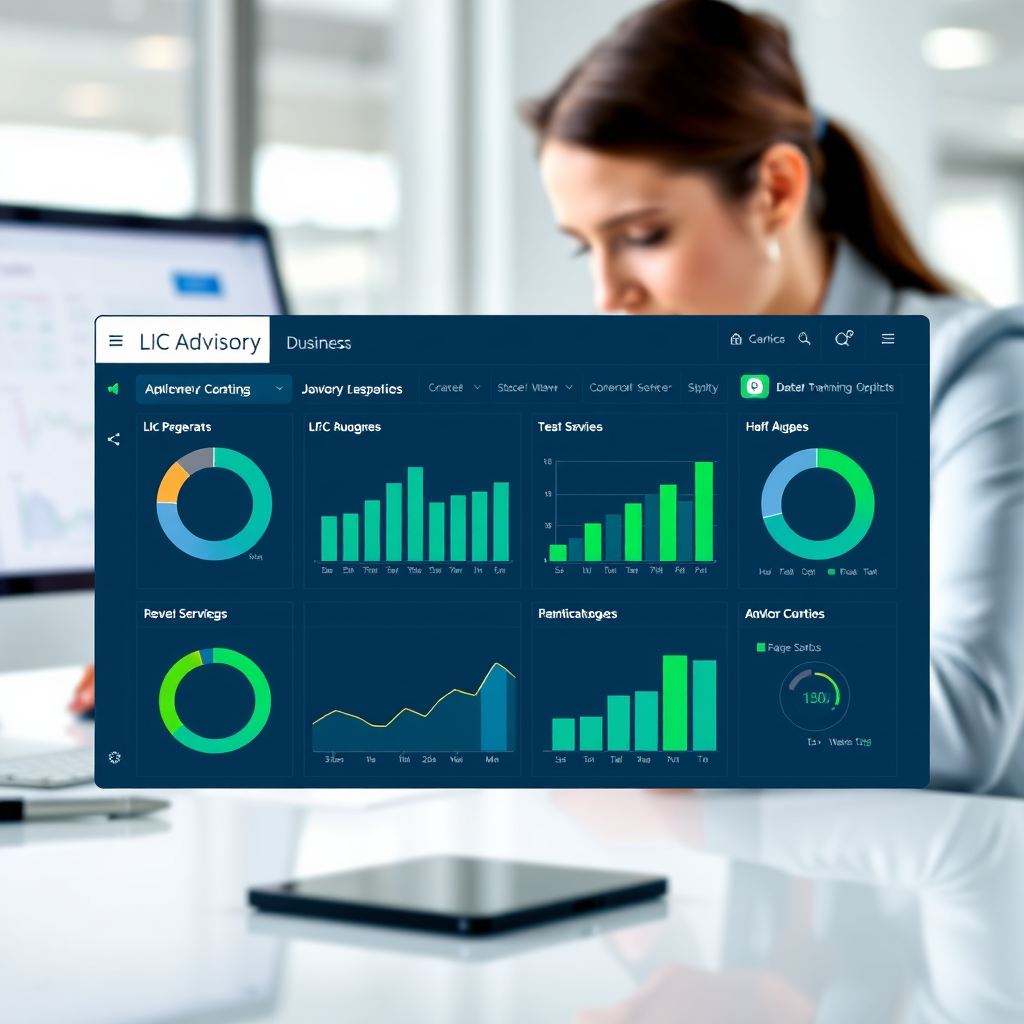 A photorealistic image depicting a dashboard interface displaying key performance indicators (KPIs) and analytics related to LIC advisory business. The dashboard is clean and well-organized, with clear charts and graphs. The background is a blurred image of an advisor working at a desk. The color palette is professional and data-oriented, using blues, greens, and grays. The overall composition aims to convey the idea of data-driven decision-making and performance optimization.
