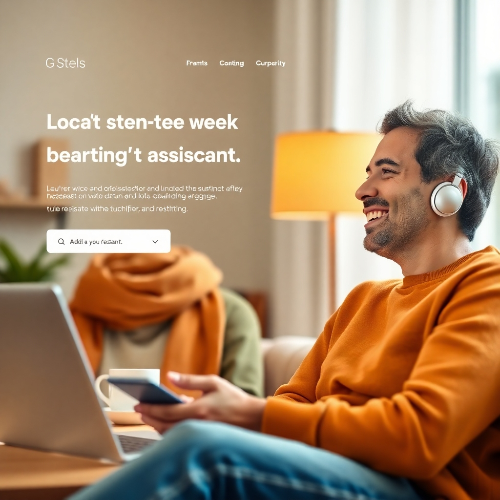 A photorealistic image depicting a satisfied customer interacting with both the landing page and the AI assistant. The image should focus on positive user interaction and feelings.  The style should be warm, friendly, and inviting. The resolution should be at least 4K.