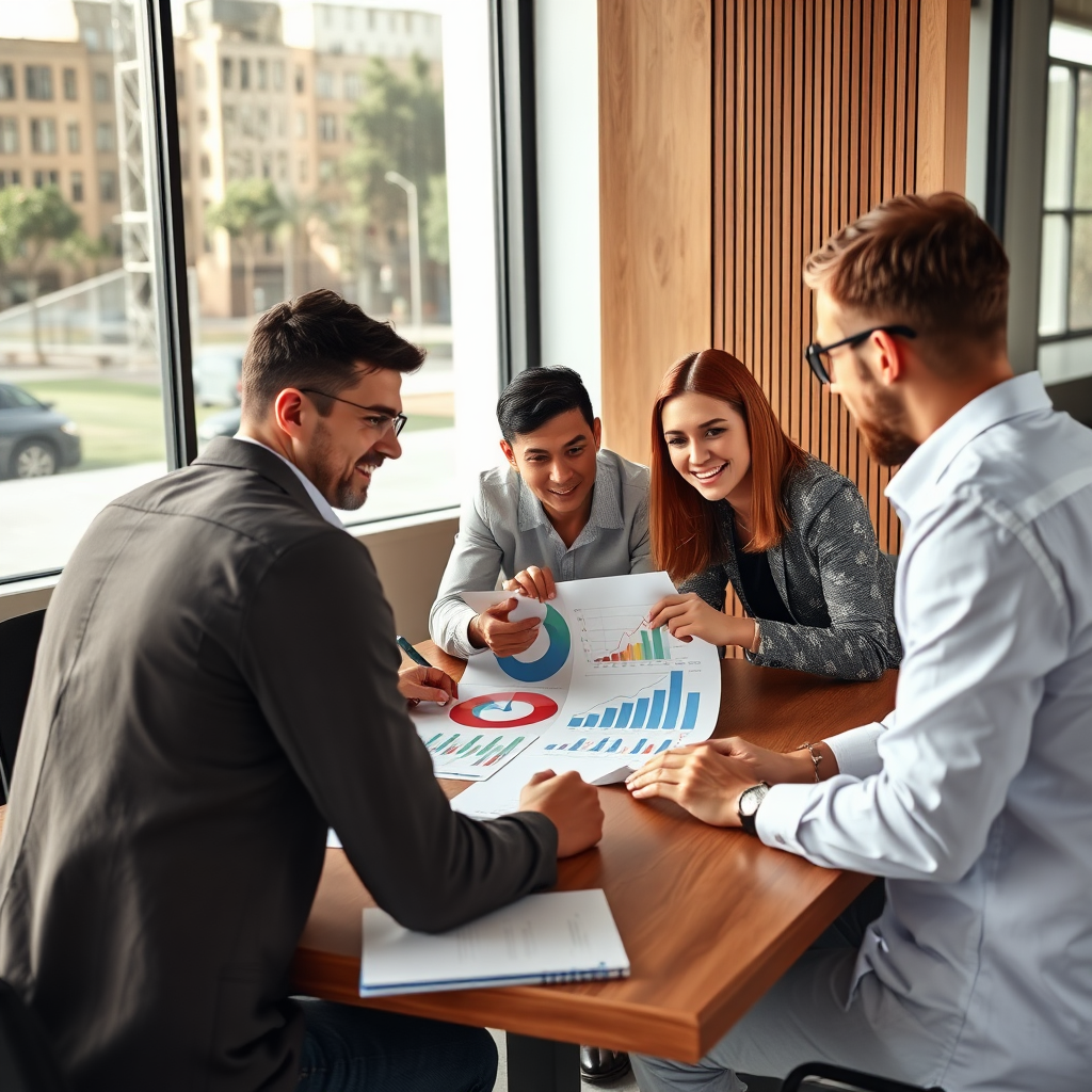 A photorealistic image depicting a group of people collaborating around a table, reviewing charts and graphs related to network growth. The environment should look professional and encouraging. Technical specs: 4k resolution, clear depiction of collaboration.