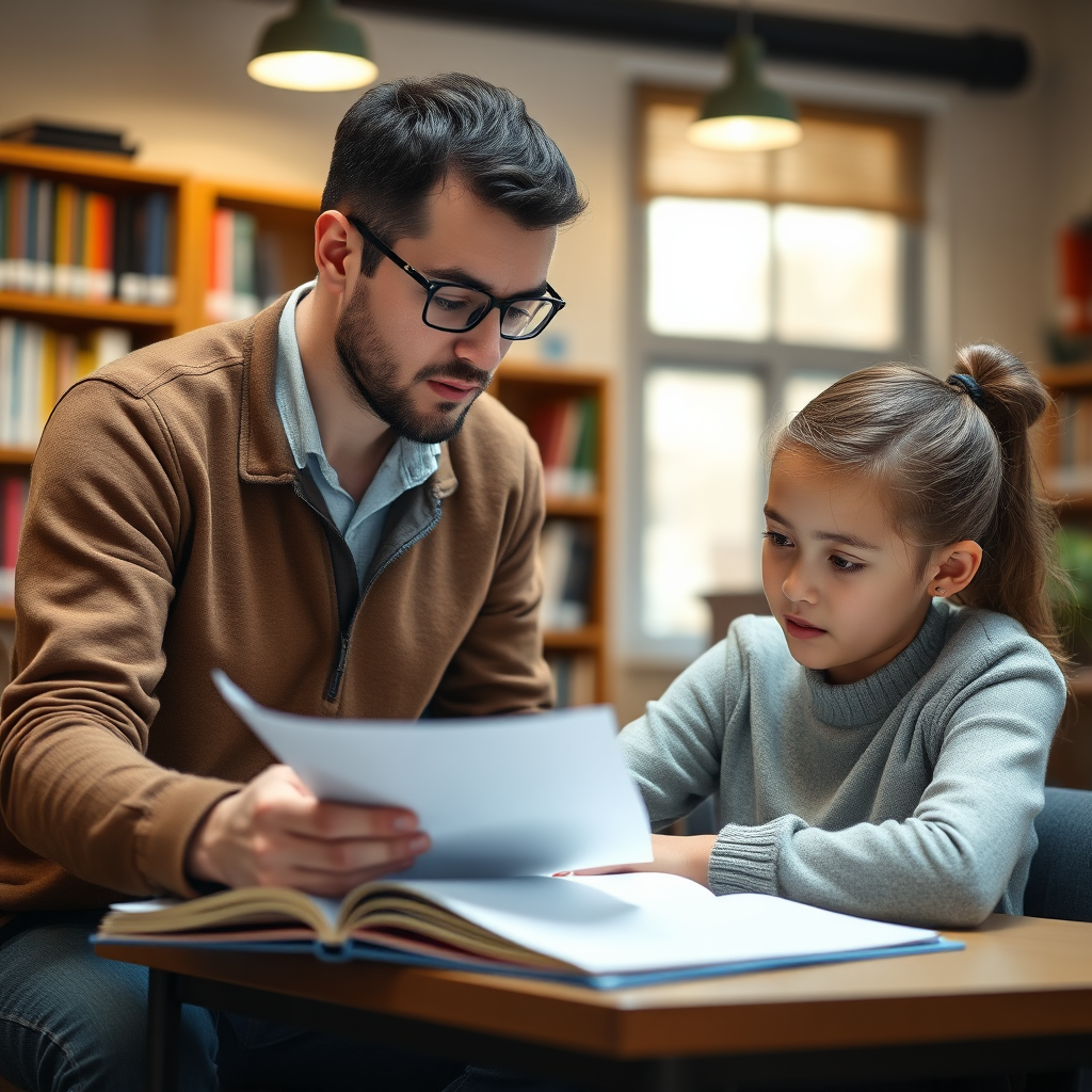 A photorealistic image depicting a dedicated tutor assisting a student with their studies. The setting is a well-lit study room with bookshelves in the background. The focus is on the interaction between the tutor and student, emphasizing the personalized attention and guidance. Warm lighting, close-up shot, 4K resolution.