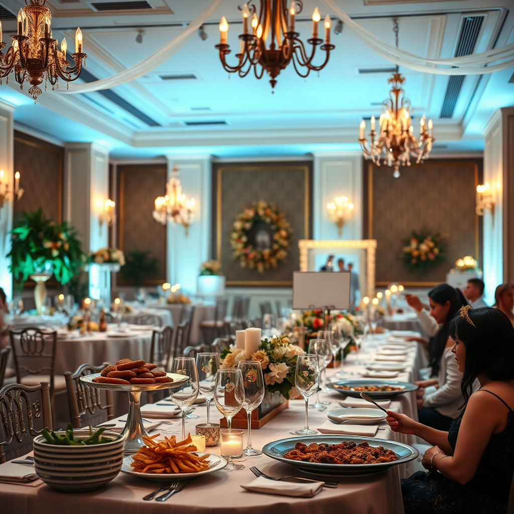 A photorealistic image of a beautifully decorated event venue, catered by Meghana Cooking & Catering. The composition should capture the elegance and ambiance of the setting, with subtle hints of delicious food and happy guests. Lighting should be warm and inviting. The camera angle should be wide, showcasing the overall atmosphere of the event.