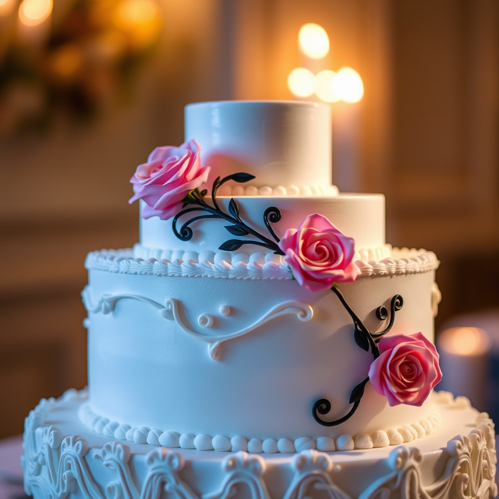 A photorealistic image of a beautifully decorated wedding cake, prepared by Meghana Cooking & Catering. The composition should emphasize the elegance and artistry of the cake. Lighting should be soft and romantic. The camera angle should be close, capturing the intricate details of the decoration.
