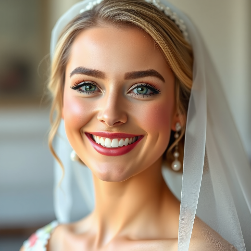 A photorealistic image of a bride with flawless makeup, glowing skin, and a radiant smile. The focus is on her overall beauty and happiness. The lighting should be soft and flattering, highlighting her best features. The color palette should be elegant and romantic, with pastel colors and subtle shimmer. Style reference: Bridal magazine cover. Technical specs: 4K resolution, portrait shot.