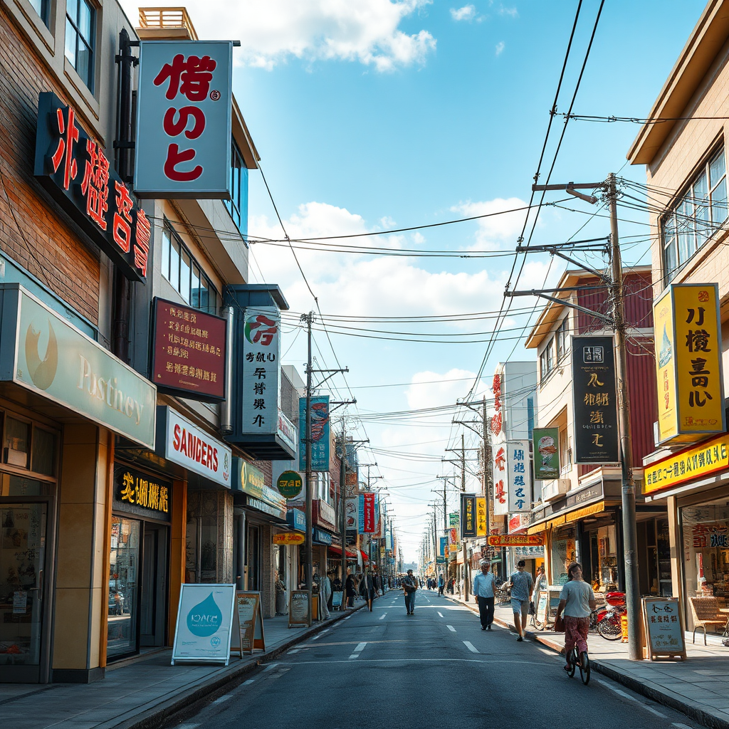 A photorealistic image of a bustling commercial street with various businesses and storefronts. The image should convey a sense of activity and opportunity.