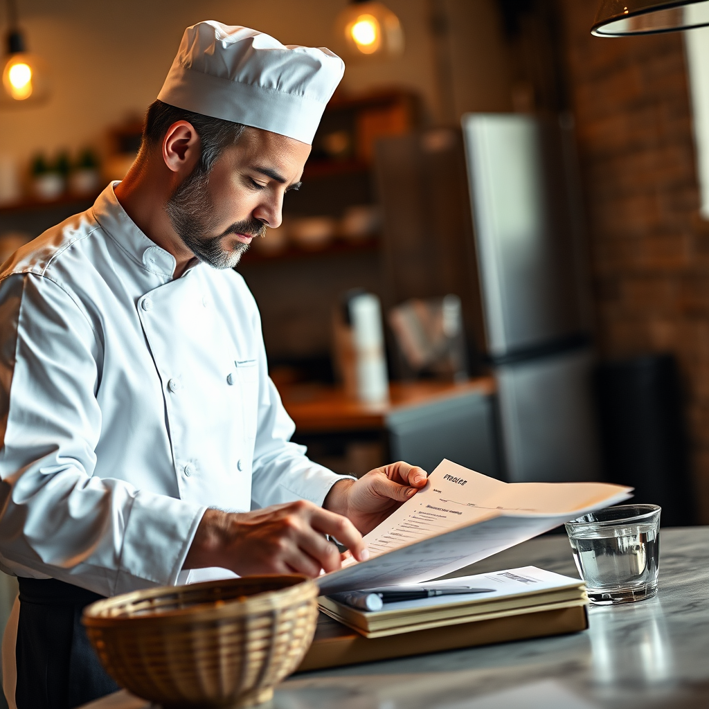 A photorealistic image of a chef consulting with a client on a custom menu. The composition should emphasize the collaborative and personalized nature of the service. Lighting should be warm and inviting. The camera angle should be close, capturing the details of the discussion and the materials being reviewed.