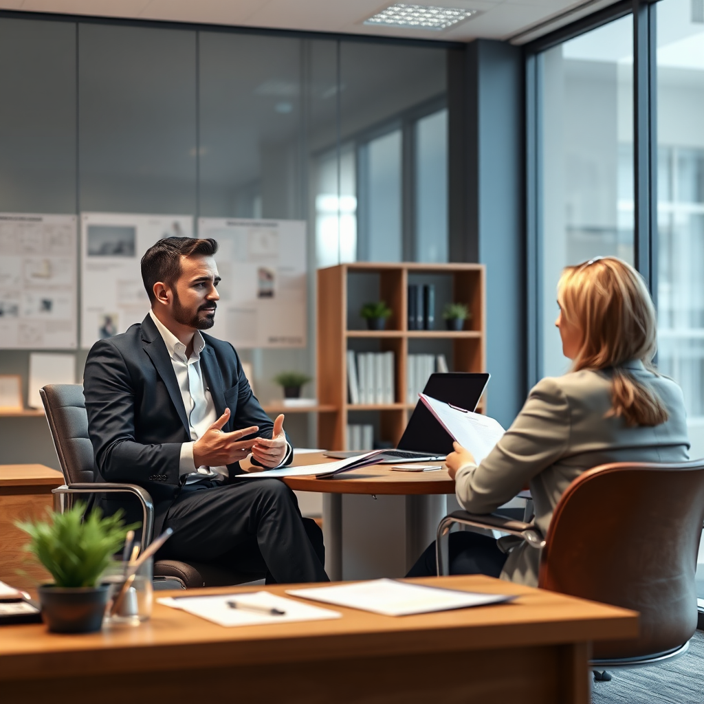 A photorealistic image of a consultant sitting at a desk, discussing property options with a client. The office is modern and professional, creating a trustworthy atmosphere. The scene should convey expert advice.