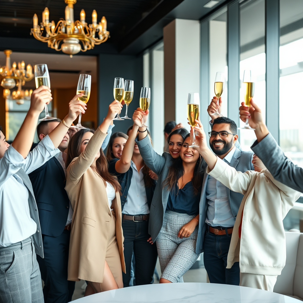 A photorealistic image of a diverse group of people celebrating success together, raising glasses of champagne in a modern, luxurious setting. The atmosphere is joyful and celebratory. Style: Lifestyle photography. Technical specs: 4K resolution, high-quality rendering.
