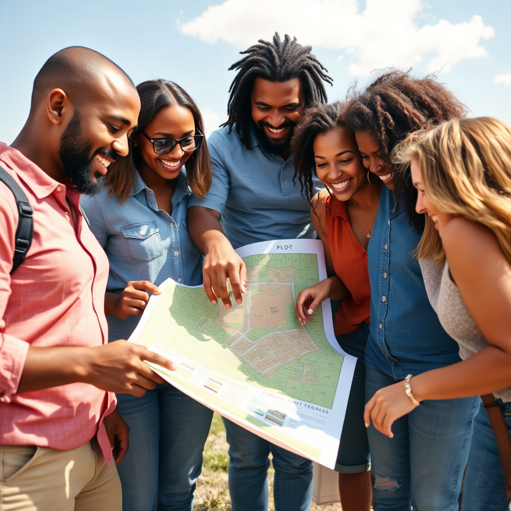 A photorealistic image of a diverse group of people looking at a plot map together, smiling and pointing. The map highlights various affordable plot options. The setting is a sunny day with a light breeze. The camera angle is medium, capturing the group's interaction and excitement. The image represents inclusivity and affordability.