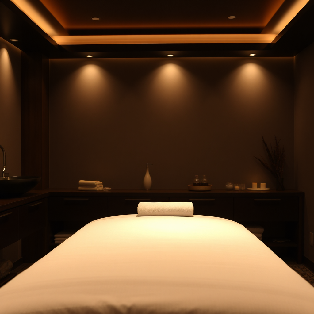 A photorealistic image of a dimly lit spa room with soft music and the scent of essential oils in the air. In this room, a massage table has been prepared with fresh clean sheets.