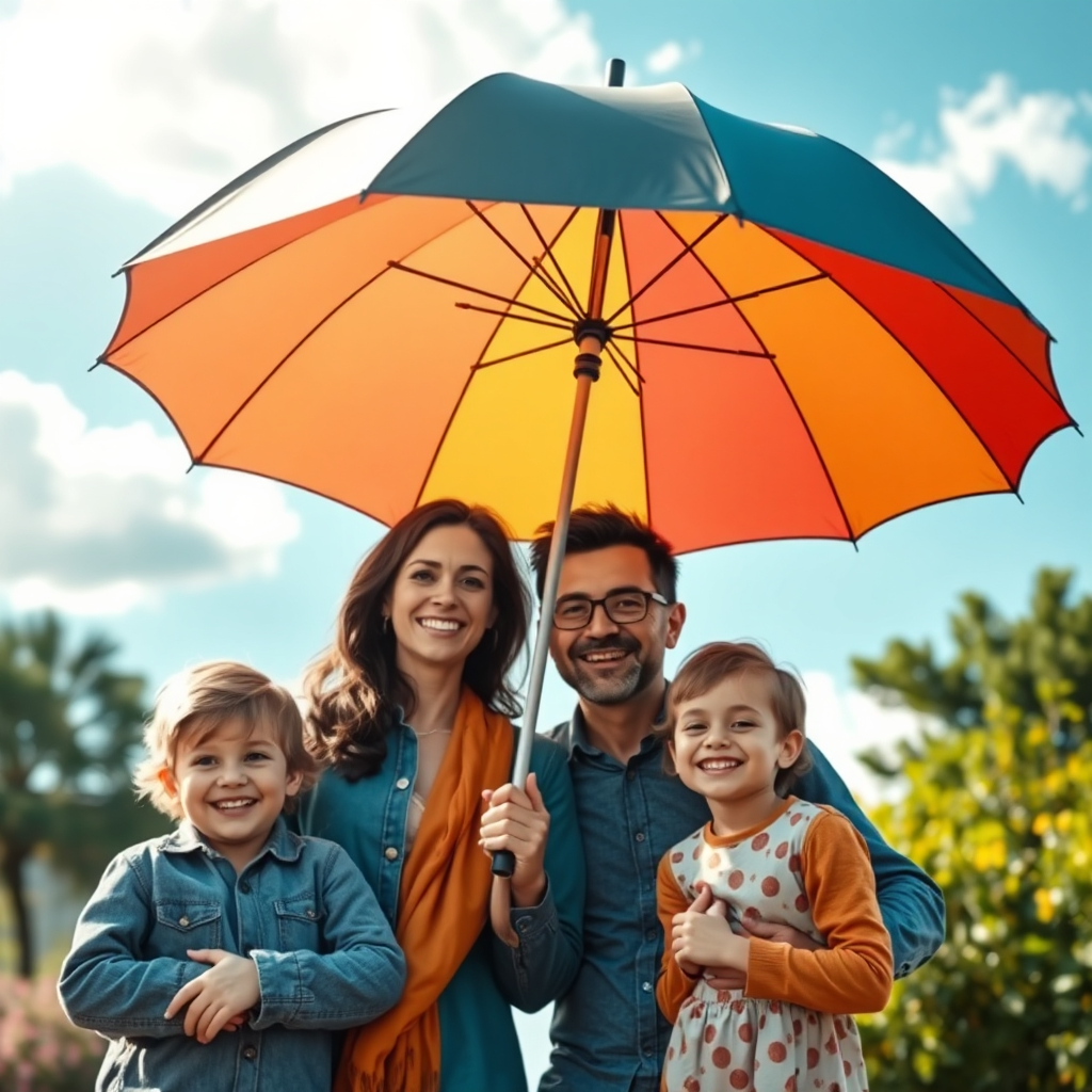 A photorealistic image of a family sheltering under a large, protective umbrella. The umbrella is vibrant and colorful, symbolizing the security and peace of mind that LIC provides. The family consists of a mother, father, and two children, all smiling and looking content. The background is a bright, sunny day with a few fluffy clouds. The overall impression is one of safety, warmth, and happiness. Camera angle: medium shot, focusing on the family and the umbrella. Style: Realistic with a touch of whimsicality. Technical specs: 4K resolution, high quality detailing.