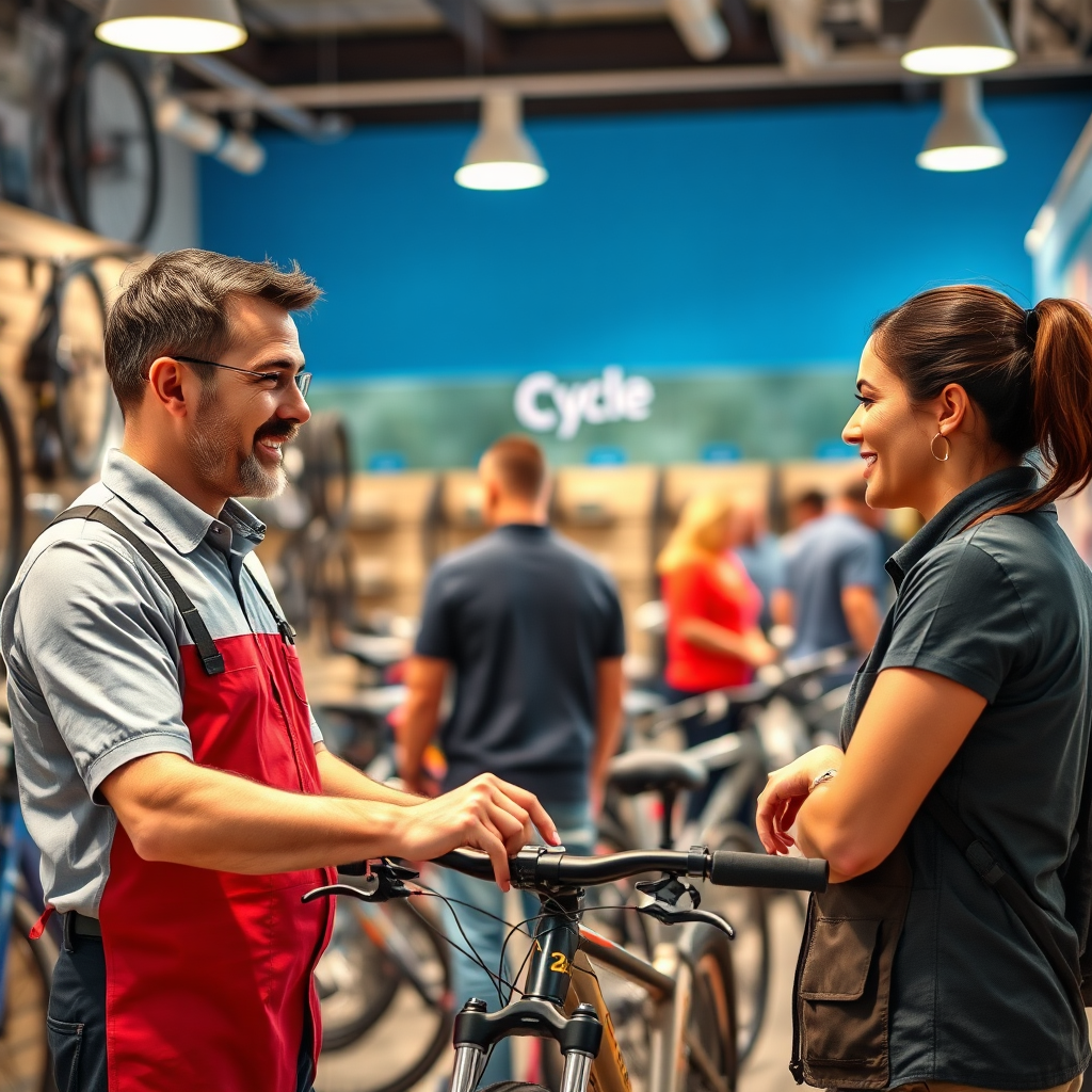 A photorealistic image of a friendly Cycle Zone employee assisting a customer in choosing the right cycle. The employee is pointing out the features of a particular bike, while the customer is listening attentively. The background features a well-organized cycle display and other customers browsing. The lighting should be warm and inviting, creating a sense of trust and rapport. Focus on capturing the interaction between the employee and the customer. The camera angle should be medium, showcasing both the employee and the customer in the frame. The overall style should be professional and approachable, conveying a sense of expertise and helpfulness.