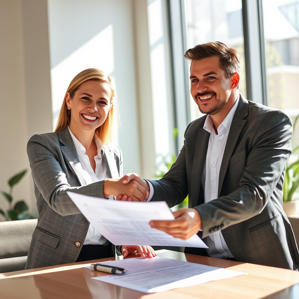 A photorealistic image of a friendly real estate agent in a modern office, shaking hands with a smiling client over a property document. Sunlight streaming through the window illuminates the papers. The image should convey trust and partnership.