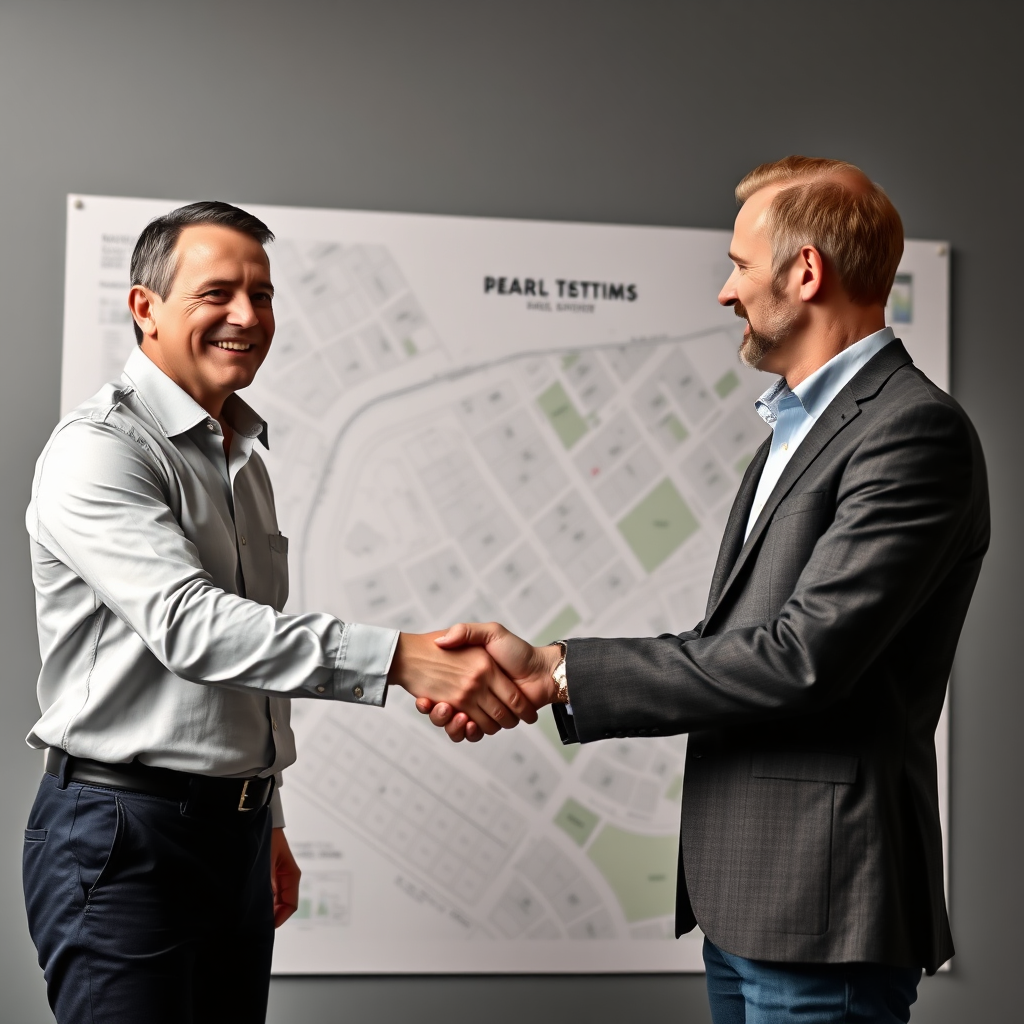 A photorealistic image of a friendly and professional-looking real estate advisor shaking hands with a client in front of a plot map. The advisor is smiling and engaged, creating a sense of trust and partnership.