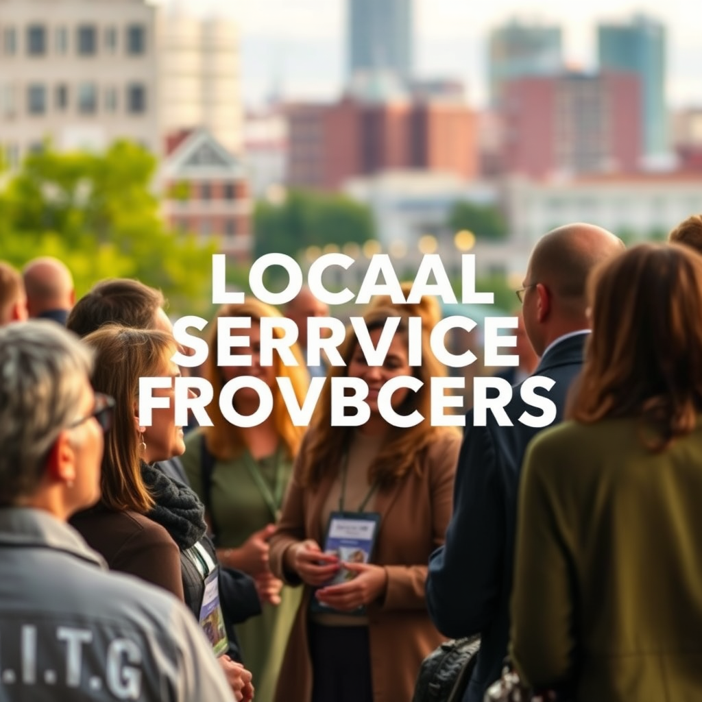 A photorealistic image of a group of local service providers networking at a community event. The background is a blurred cityscape, representing the local community. The color palette is earthy and inviting, with a focus on green and brown. 4K resolution, high quality.