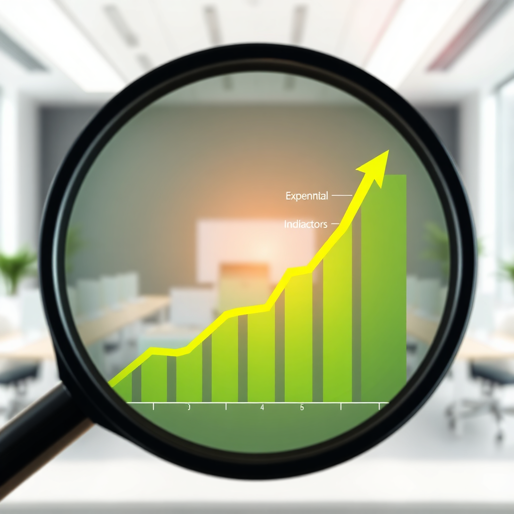 A photorealistic image of a graph displaying exponential growth, with a magnifying glass highlighting key performance indicators. The background is a bright, modern office space. The color palette is optimistic and encouraging, with a focus on green and yellow. 4K resolution, high quality.