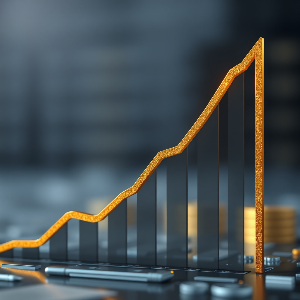 A photorealistic image of a graph showing exponential growth, with a golden line representing wealth. The background is blurred, focusing on the upward trend. Style: Business visualization. Technical specs: 4K resolution, high-quality rendering.