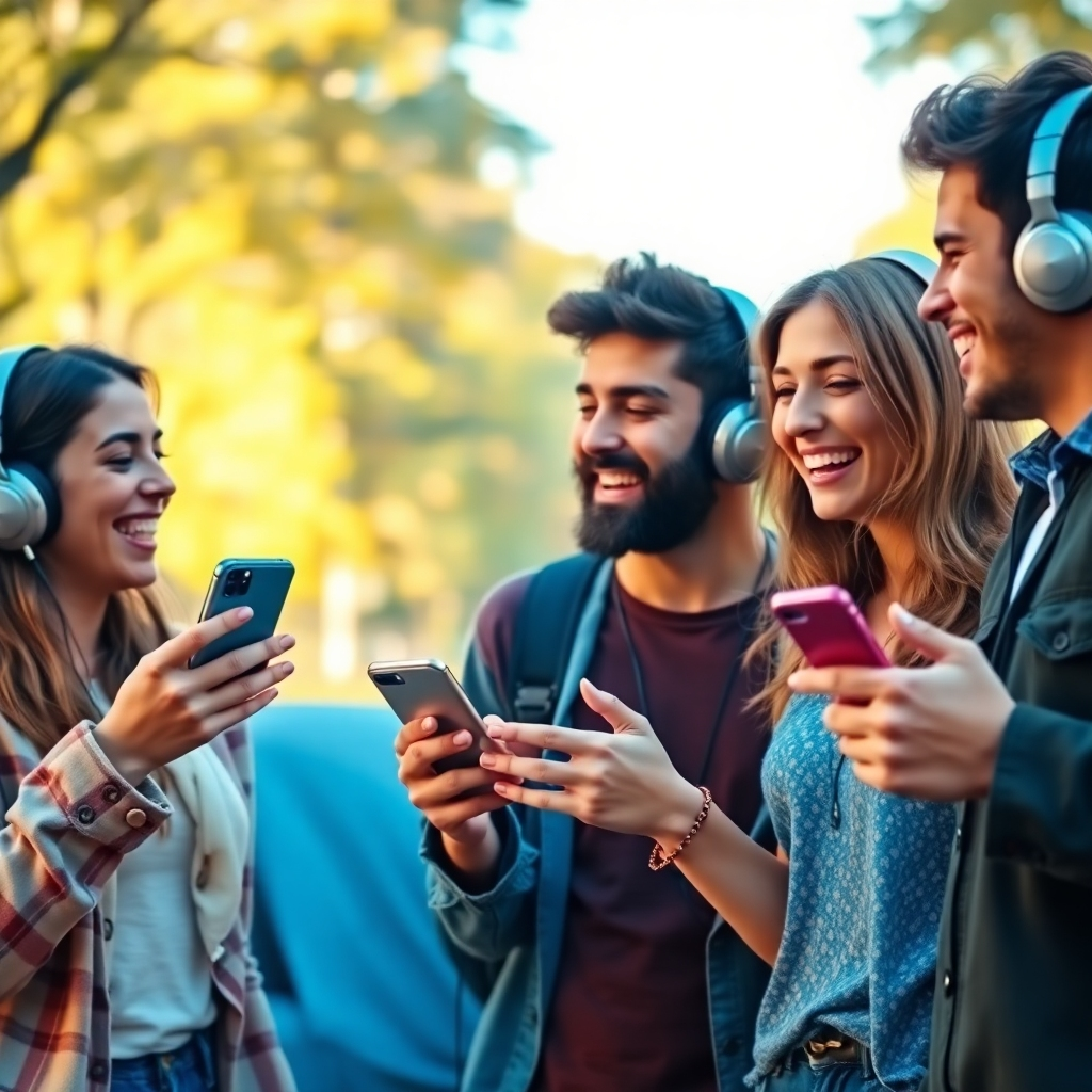 A photorealistic image of a group of friends laughing and enjoying music together, sharing headphones and showing each other their phones. The background is a brightly lit park. Warm, natural lighting. Colors: Bright and cheerful. Technical specs: High quality, photorealistic.