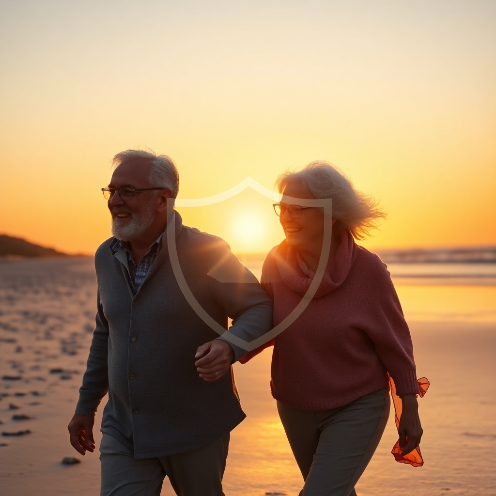A photorealistic image of a happy elderly couple enjoying a walk on the beach. The sun is setting, casting a warm glow. A subtle, protective shield surrounds them, symbolizing health insurance. Wide shot. Focus on their happiness and security. 4K resolution, high quality.