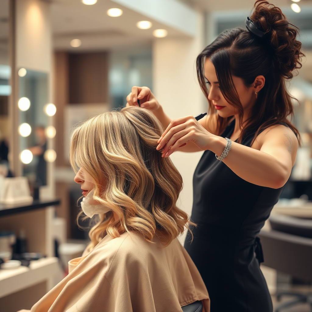 A photorealistic image of a hairstylist styling a client's hair in a modern salon setting. The hairstylist is using professional tools and products to create a stunning hairstyle. The lighting is bright and focused, highlighting the details of the hairstyle. The color palette is warm and inviting, with shades of beige, cream, and gold.