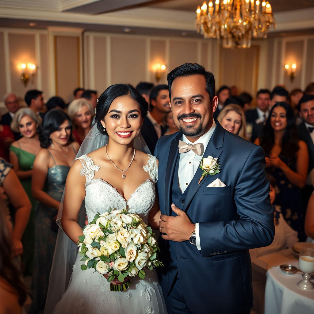 A photorealistic image of a happy wedding couple, surrounded by their loved ones at a reception catered by Meghana Cooking & Catering. The composition should capture the joy and celebration of the event. Lighting should be soft and flattering. The camera angle should be wide, capturing the overall atmosphere of the wedding reception.