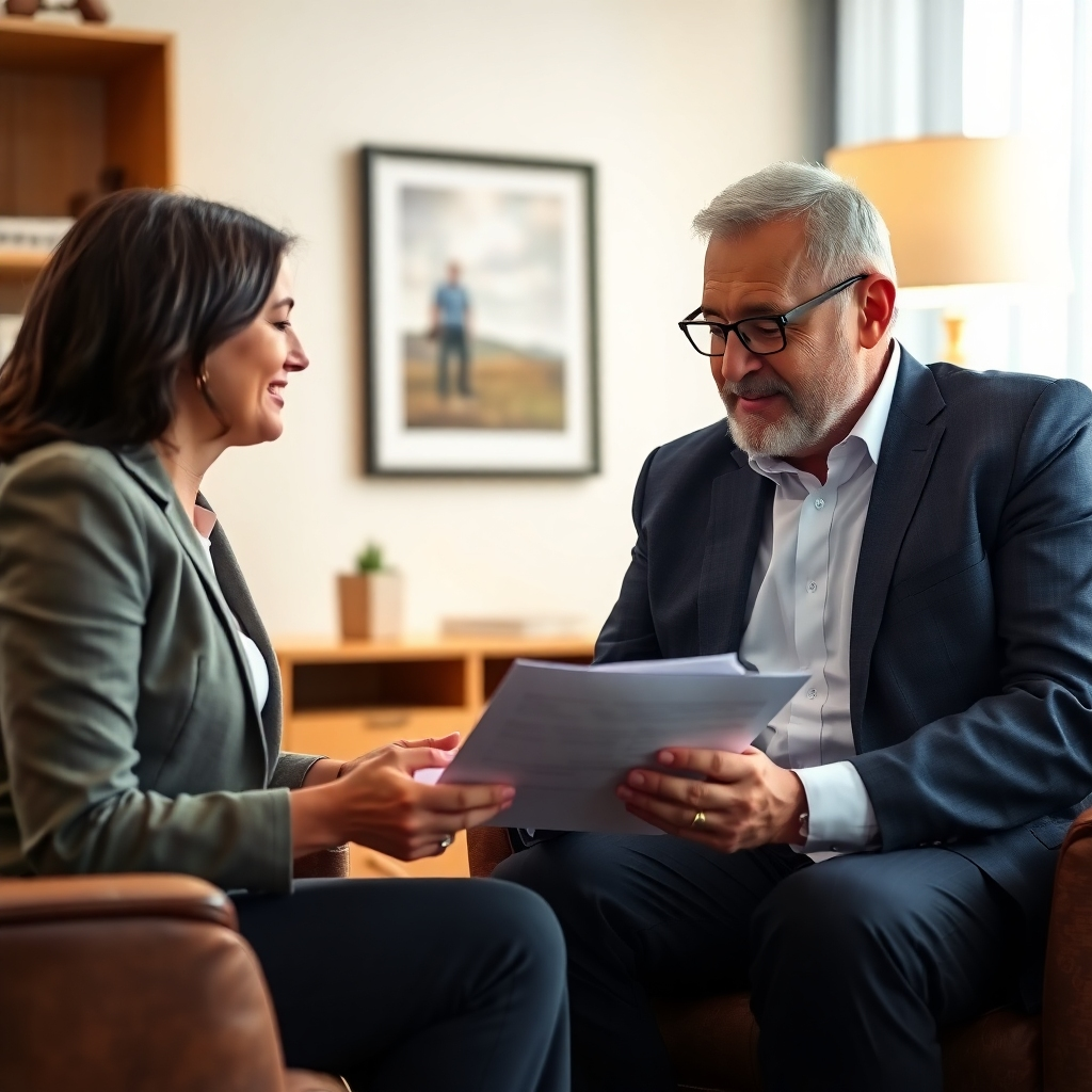 A photorealistic image of a health insurance advisor explaining policy details to a client. Both are engaged and focused. Warm, inviting office setting. Medium shot. Focus on trust and communication. 4K resolution, high quality.