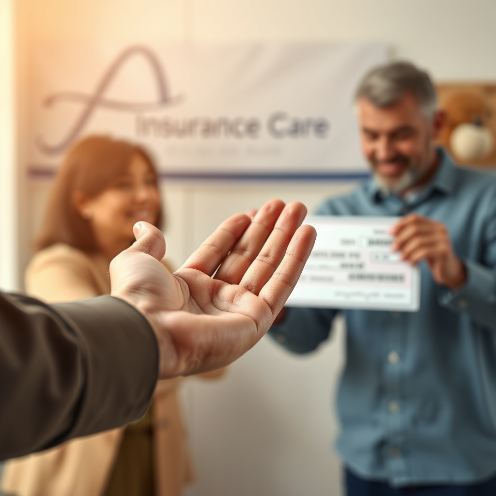A photorealistic image of a helping hand reaching out to another hand, symbolizing support and assistance. The background is a blurred image of a family receiving a check from an insurance company. The color palette is predominantly warm and inviting, symbolizing compassion and care. Style: Realistic with a focus on human connection. Technical specs: 4K resolution, high quality detailing.