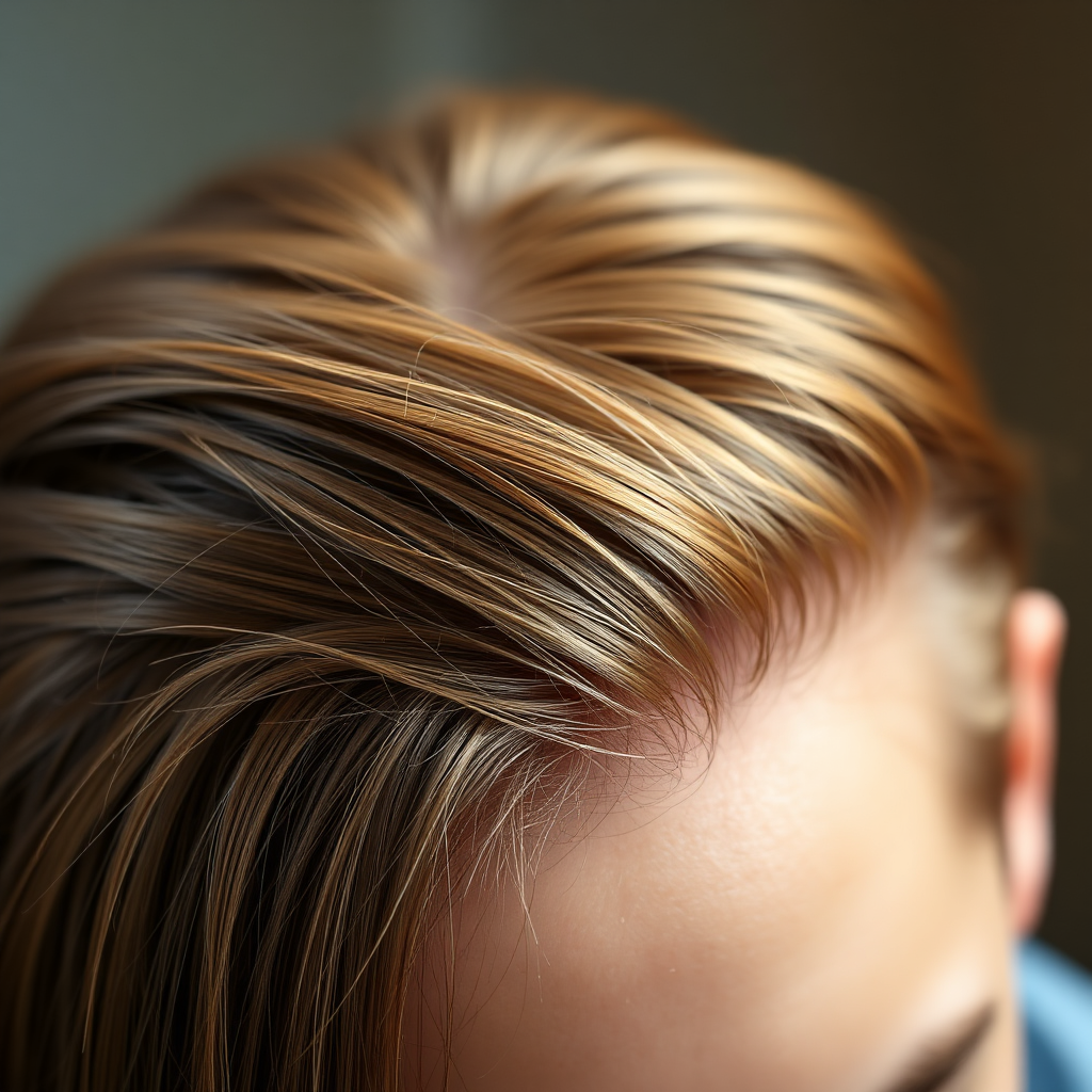 A photorealistic image of a healthy scalp with strong hair follicles after receiving hair fall treatment. The focus is on the health and vitality of the hair. The lighting should be soft and natural. The color palette should be warm and inviting, featuring natural skin tones and hair colors. Technical specs: 4K resolution.