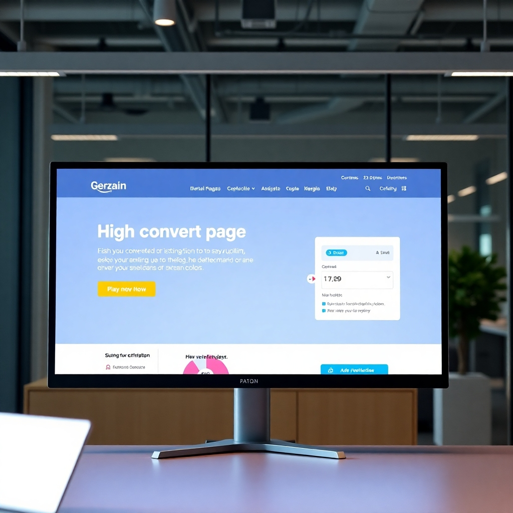  A photorealistic image of a high-converting landing page displayed on a large monitor in a modern office. Focus on the page’s clean design, intuitive layout, and clear call to action. Lighting should be professional and highlight the screen’s content. Use a neutral color scheme, with pops of brand colors. Camera angle should be from a slightly elevated angle.