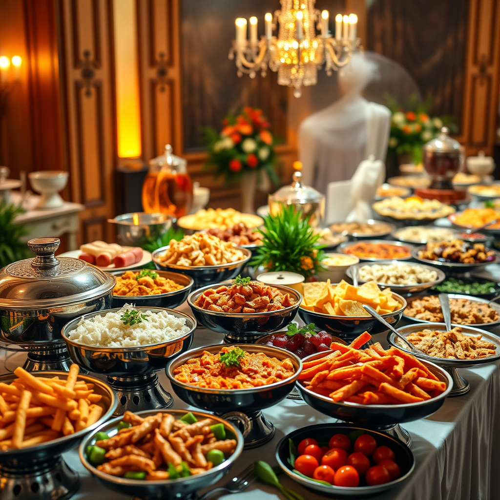 A photorealistic image of a lavishly decorated wedding buffet, featuring a variety of traditional and modern dishes. Lighting should be warm and inviting, highlighting the vibrant colors of the food. The camera angle should be slightly elevated, providing a comprehensive view of the spread.