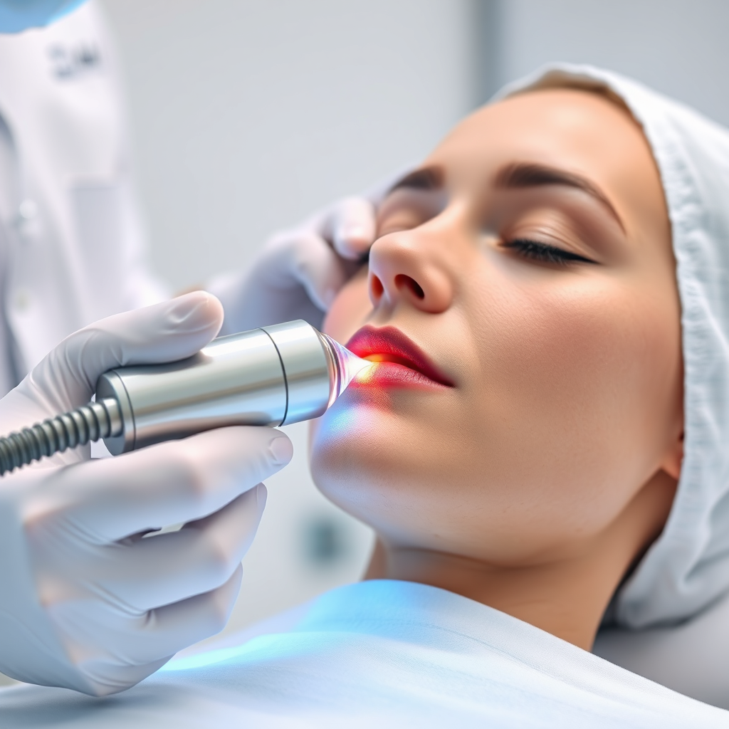 A photorealistic image of a laser device being used on a patient's skin in a modern clinic. The focus is on the precision of the laser and the expertise of the technician. The lighting should be bright and clinical. The color palette should be clean and sterile, featuring white, silver, and light blue tones. Technical specs: 4K resolution.