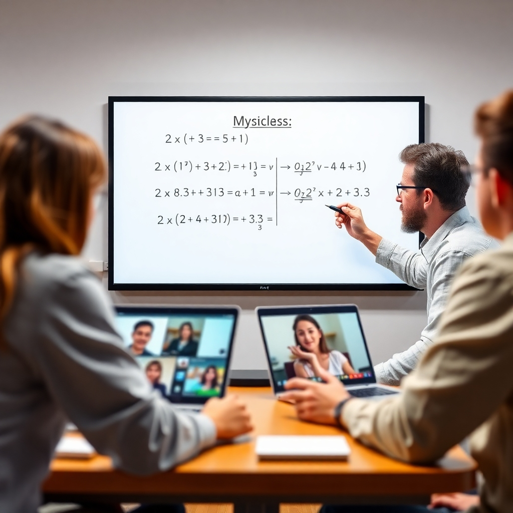 A photorealistic image of a live online physics class. The instructor is writing equations on a virtual whiteboard, while students are interacting via video chat on their laptops. The lighting is bright and focused on the instructor. The color palette is warm and inviting. The composition emphasizes the interactive nature of the session. 4K resolution, high quality.
