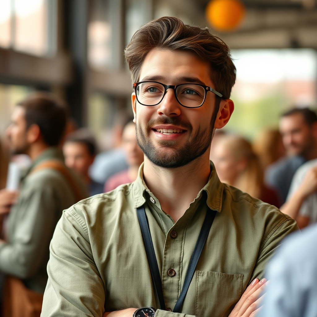 A photorealistic image of a local professional presenting their expertise at a community event. The background is a blurred cityscape, representing the local community. The color palette is earthy and inviting, with a focus on green and brown. 4K resolution, high quality.