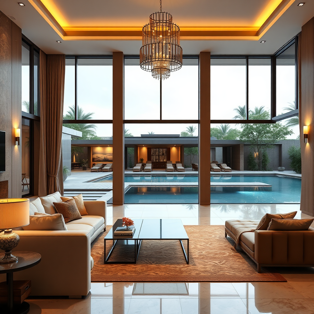 A photorealistic image of a luxurious villa interior with high-end furnishings and large windows overlooking a swimming pool. The lighting is soft and inviting, showcasing the villa's elegance.