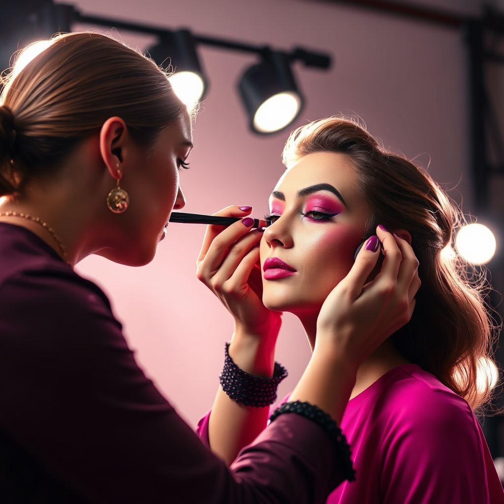 A photorealistic image of a makeup artist applying makeup to a client's face in a well-lit studio. The makeup artist is using high-quality products and techniques to create a flawless look. The lighting is soft and diffused, highlighting the client's features. The color palette is vibrant and playful, with shades of pink, purple, and red.