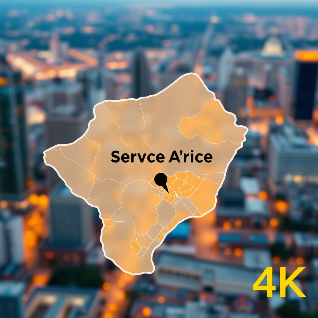 A photorealistic image of a map highlighting the service area of a local service provider. The background is a blurred cityscape, representing the local community. The color palette is warm and inviting, with a focus on gold and orange. 4K resolution, high quality.