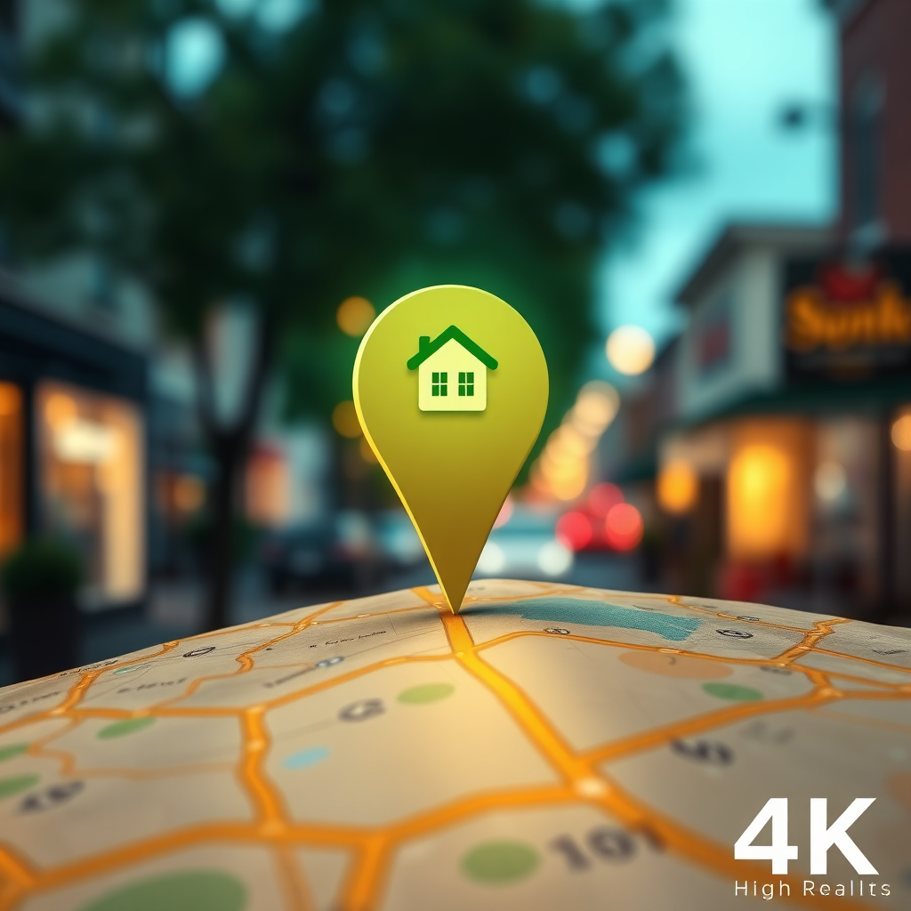 A photorealistic image of a map with a pin highlighting a local business, surrounded by glowing search results. The background is a blurred street scene, representing the local community. The color palette is earthy and inviting, with a focus on green and brown. 4K resolution, high quality.